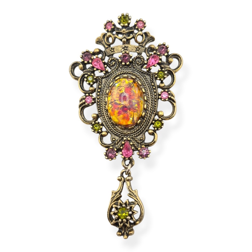 Sarah Coventry Contessa Brooch Pendant Faux Fire Opal Rhinestone 1974 Vintage